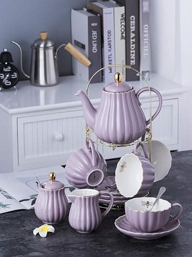 Jusalpha Porcelain Tea Set- 8 OZ Coffee/Teacup, Saucer, Cup Holder, Purple | 17-Pieces, Serve of 4- included Teapot, Creamer set, Spoons and Cup holder Stnad (FD-TW17PC SET, Purple) thumbnail 6
