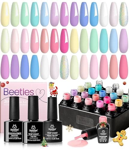 beetles Gel Polish Nail Set 20 Colors Spring Pastel Girly Sparkle Glitter Uv Gel Dreamy Town Collection Macaroon Bright Pastel Nail Manicure Kit with 3Pcs Base Top Coat Gift for Women thumbnail 7