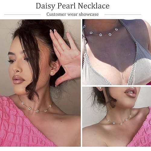 SmileBelle Pearl Necklaces for Women, Daisy Pearl Choker as Y Shaped Pearl Jewelry Gold Heart Necklace for Anniversary Birthday Gifts White Baroque Necklace as Wedding Jewelry thumbnail 5