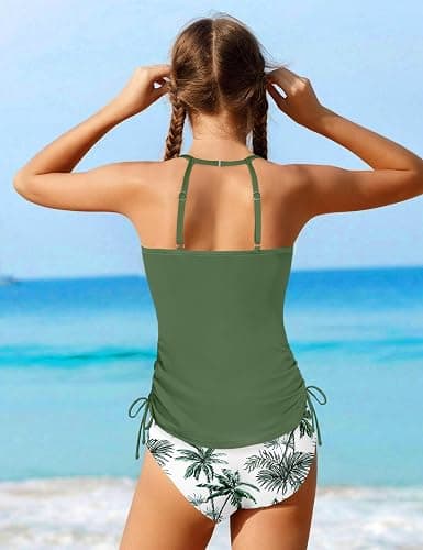 Girls Tankini Swimsuits Two Piece Bathing Suit Color Contrast Trim Drawstring Swimwear Set for Girls 9-16 Years thumbnail 5