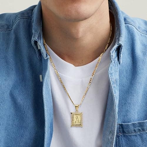 KissYan Initial Letter Pendant Necklace for Men Women, 14K Gold Plated Square Capital Monogram Necklace Alphabets from A-Z Figaro Chain Jewelry thumbnail 3
