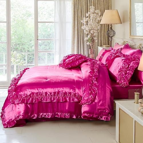 MOVE OVER Hot Pink Satin Comforter Set Queen Size 8 Pieces Bed in a Bag Farmhosue Shabby Chic Ruffle Comforter Set Luxury Silk Like Satin Bedding Set Boho Chic Satin Ruffled Comforter Sets thumbnail 9