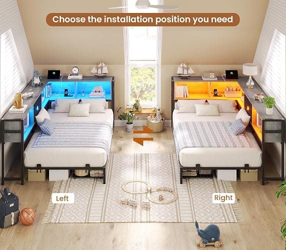 Hasuit Twin Corner Bed Frame with Storage Drawers and Bookcase Headboard, Twin Size Metal Platform Corner Bed Frame with Charging Station and LED Lights, Twin Daybed for Kids Teens Guests, Oak Gray thumbnail 7