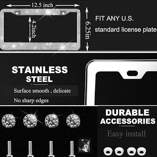 Bling License Plate Frames with High End Ribbon Gift Box,2 Pack Rhinestone License Plate Frame,Handcrafted Crystal Premium Stainless Steel Bling License Plate Frame for Women,Party,Birthday,Xms Gift thumbnail 5
