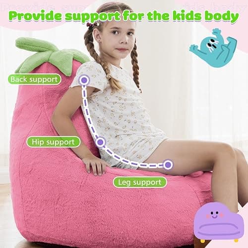 DUMOS Kids Bean Bag Chair, Stuffed Toddler Couch with Faux Rabbit Fur Cover for Teens & Kids, Comfy Lazy Sofa Chair for Reader, Living Room, Bedroom, Aged 4-12 Years, 31 Inch, Rose Red thumbnail 5