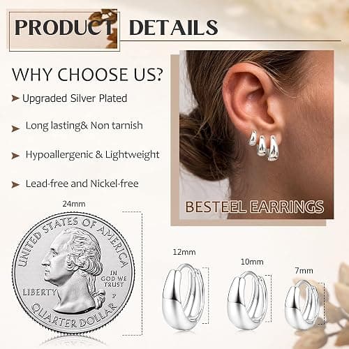 BESTEEL 3Pairs 14K Gold Plated Hoop Earrings Set for Women Chunky Earring Silver Plated Hypoallergenic Small Huggie Hoops Lightweight Tiny Thick Trendy Hoop Earrings Stacks for Multiple Piercing thumbnail 4