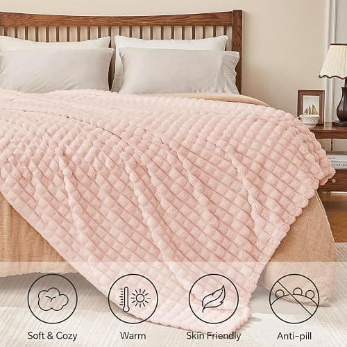 BEDELITE Pink Throw Blanket Twin Size for Bed- Super Soft and Warm 3D Checkered Fluffy Fuzzy Fleece Blanket, Luxurious Plush Cozy Blanket for Room Decor Fall and Winter, 60x80 inches thumbnail 6