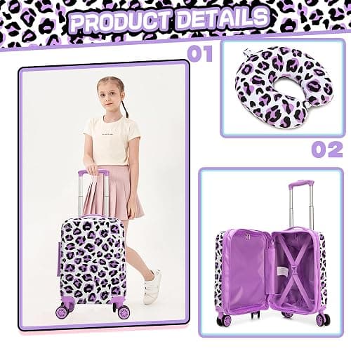 Inprof Kids Luggage with Spinner Wheels Carry on Suitcases for Girls 2 Piece Luggage Sets 16" Toddler Suitcase for Kids Rolling Suitcase Airline Approved (Purple Leopard) thumbnail 3