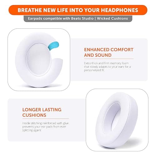 WC Wicked Cushions Replacement Ear Pads for Beats Studio 2 & 3 (B0501, B0500) Wired & Wireless | Does NOT Fit Beats Solo | Softer PU Leather, Enhanced Foam & Stronger Adhesive | White thumbnail 4