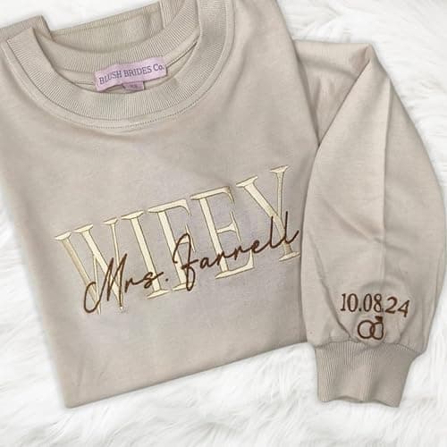 Embroidered Sweatshirt, 100% Cotton Wifey Sweatshirt, Wedding Gift, Gift for Bride, Bridal Shower Gift, Newlywed Honeymoon Present Black thumbnail 5