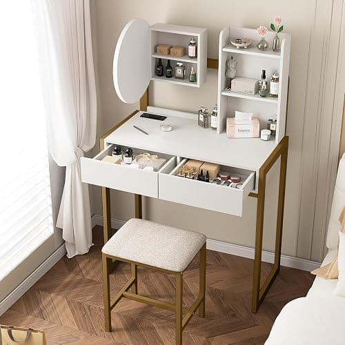 Small Vanity Desk with Mirror and Lights, Makeup Vanity Table with LED Mirror, 3 Lighting Modes, Power Outlet, Drawer, Open Shelves and Cushioned Stool for Bedroom (Gold) thumbnail 4