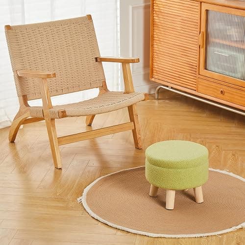 Wimarsbon Storage Ottoman, Modern Round Footrest with Soft Padded Seat, Teddy Velvet Footstool with Wood Legs, Accent Small Table or Plant Stand for Hallway, Living Room (Brilliant Green) thumbnail 6