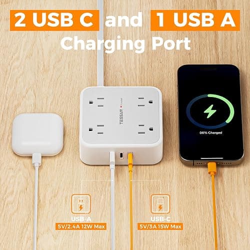 TESSAN Surge Protector Power Strip, 5 Ft Flat Plug Extension Cord with 3 USB (2 USB C) 8 Outlets, 1250W, 900J Protection, 3 Sided Outlet Extender with Power Switch for Office, Dorm Room, Grey thumbnail 4