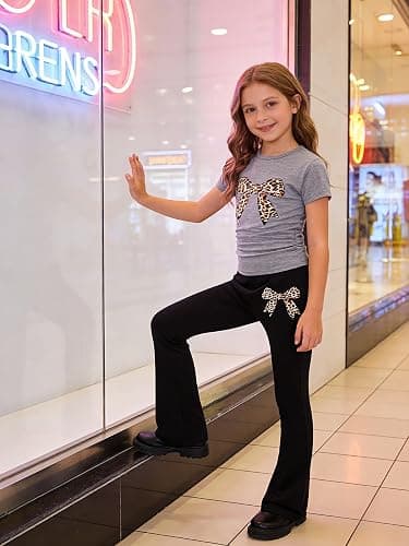 Togrielan Girls' Summer 2-Piece Outfit Set Bow-Embellished Short-Sleeve Top + Flared Pants Size 8-13 Years Old thumbnail 4