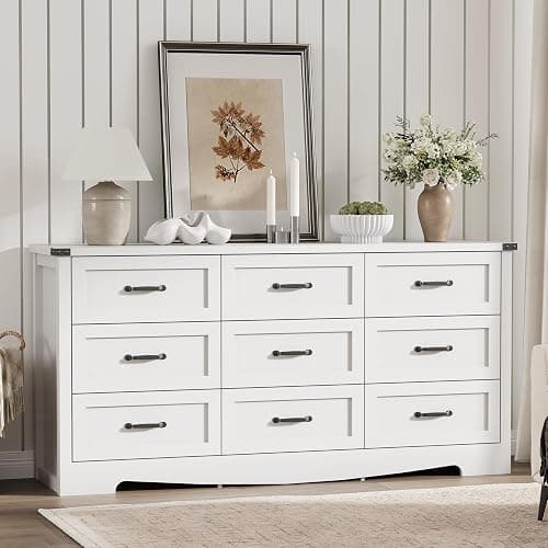 Dresser for Bedroom with 9 Drawers, 59" Wide Modern Chest of Drawers with Deep Drawers & Mental Handle, Wood Dresser TV Stand, Wooden Closet Storage Organizer for Living Room, Hallway, Entryway, White thumbnail 3