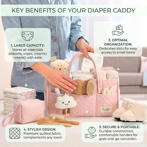 PeraBella Baby Diaper Caddy Organizer, Baby Basket Shower Gift, Portable Changing Table Basket, Postpartum Caddy & Tote Bag Pouch, Newborn Boy & Girl Nursery Essentials Registry, Car Diaper Organizer thumbnail 5