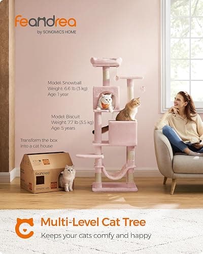Feandrea Cat Tree, 59.5-Inch Tall Cat Tower, Plush Multi-Level Condo with 5 Scratching Posts, 2 Perches, 2 Caves, Hammock, 2 Pompoms, Jelly Pink UPCT192P01 thumbnail 2