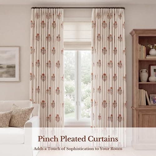 THREE GIRLS Pinch Pleated Curtains Light Filtering Red Floral Curtains for Living Room Bedroom Dining Room 84 Inches Luxury Linen Drapes Farmhouse Window Curtains with Hooks - 2 Panels Set, 40" x 84" thumbnail 4