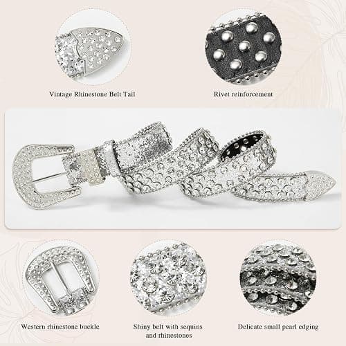 Monopa Rhinestone Belt for Women Men - Western Cowgirl Sequin Diamond Bling Studded Belts for Jeans Pants thumbnail 2