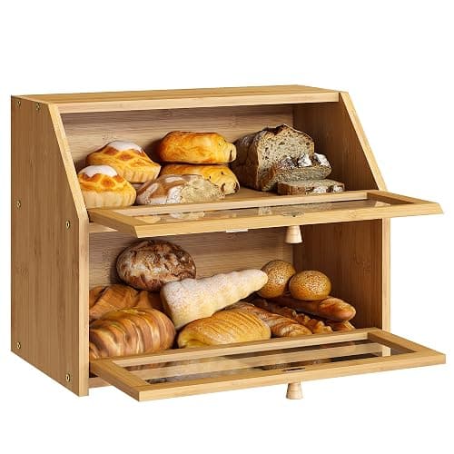 BMOSU Farmhouse Bread Box for Kitchen Countertop Bread box Double Layer Bamboo Wooden Extra Large Capacity Bin Kitchen Food Storage Container(Natural) thumbnail 8