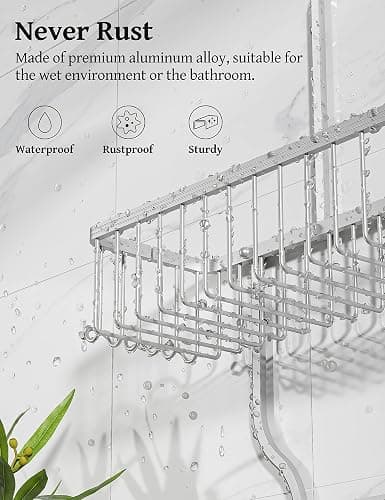 YASONIC Shower Caddy Hanging - Never Rust Shower Organizer - Aluminum Over The Shower Head Caddy with 10 Hooks for Razor/Sponge - Shower Rack with Soap Basket - Silver - Silver thumbnail 3