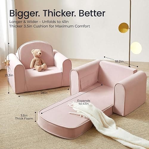 Tiny Land 2-in-1 Foldable Kids Couch with Pocket Soft Thick Toddler Sofa | Convertible Kids Chair for Playroom, Bedroom or Living Room, Cozy & Comfortable, Ideal Gift for Boys & Girls,Pink thumbnail 5
