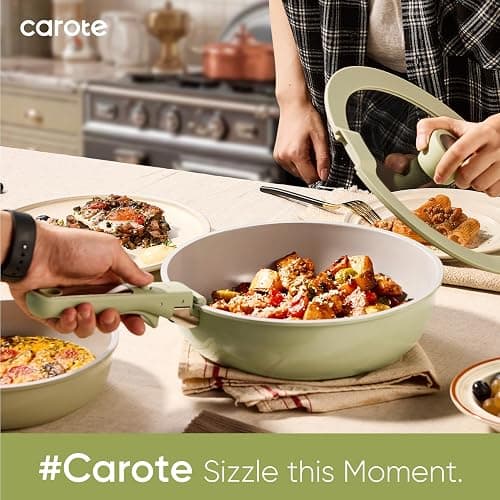 CAROTE 27pcs Ceramic Cookware Set Nonstick, Pots and Pans Set Non Stick, Non Toxic Cookware Detachable Handles, Dishwasher/Oven Safe, RV/Camping Cookware, Pan and Pot with Kitchen Utensils, Green thumbnail 2