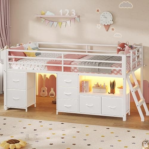 ADORNEVE Low Loft Bed Twin Size with 7 Storage Drawers, Bookcase and LED Lights, Metal Kids Loft Bed with 14" H Safety Guardrail,Inclined Ladder and Play Curtain, Under-Bed Play Space, White thumbnail 9