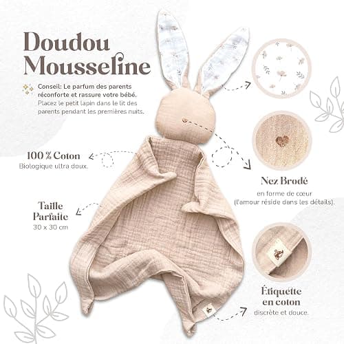Mikito Coffret Cadeau Naissance Bébé Doudou Lapin, Bavoir Bandana, Mordedor Bois & Carte - 100% Coton Bio Certifié Oeko-TEX et GOTS - Cadeau pour Fille & Garçon thumbnail 3