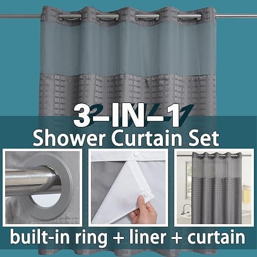 Conbo Mio Hotel Style Fabric Shower Curtain with Snap in Liner for Bathroom Machine Washable Waterproof Repellent (Check-Grey,71" W x 74" H) thumbnail 4