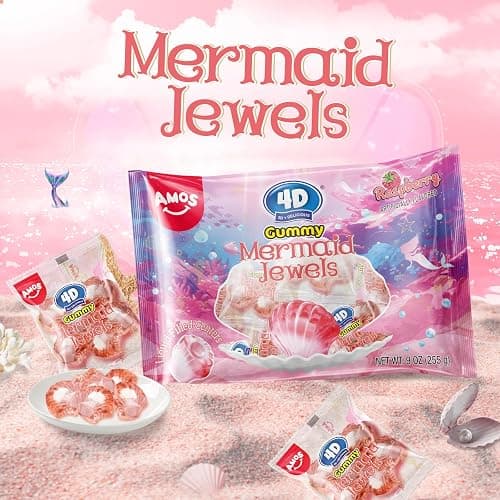 Amos 4D Gummy Candy Mermaid Jewels Fruity Filled, Soft Center Jelly-filled Seashell Candy, Raspberry Flavor Christmas Candy (9oz Pack) pink thumbnail 3
