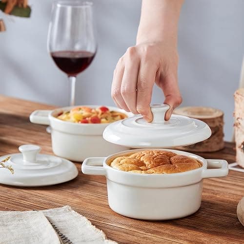 Lareina Mini Cocotte 12oz Ceramic Casserole Dish Set with Lid, White | Small casserole ramekins with handles, oven, microwave & dishwasher safe. Perfect for baking, serving, and individual meals. thumbnail 6