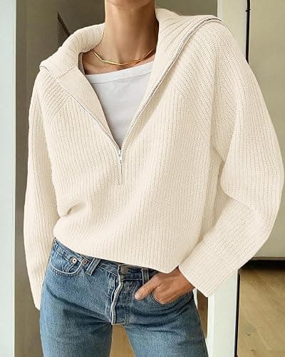 BTFBM Womens Sweaters Quarter Zip Pullover V Neck Collar Long Sleeve Ribbed Knit Loose Casual 2025 Winter Fall Sweater thumbnail 4