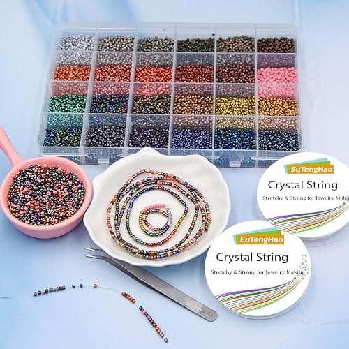 EuTengHao 8/0 Glass Seed Beads Kit, 3mm Metal Color Waist Beads, 24Colors Small Pony Beads with String for Bracelet Necklace Earring Jewelry Making (14405PCS, 600 Per Color) thumbnail 8
