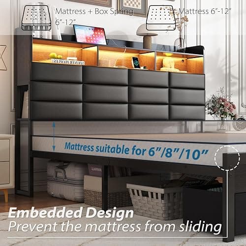 Etditrnp Full Bed Frame with Storage Headboard, Upholstered Black Bed Frame with 4 Drawers, LED Lights, and Charging Station, Heavy-Duty Metal Slats Support, Noise-Free thumbnail 6