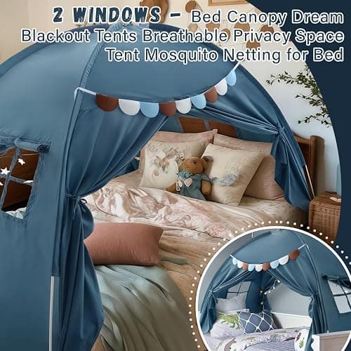 Razee Full Size Bed Canopy for Kids, Boys Bed Tent Dream Privacy Sleeping Tents Indoor, Toddler Under Bunk Bed Tent with Pennant Banners - Full Blue thumbnail 3