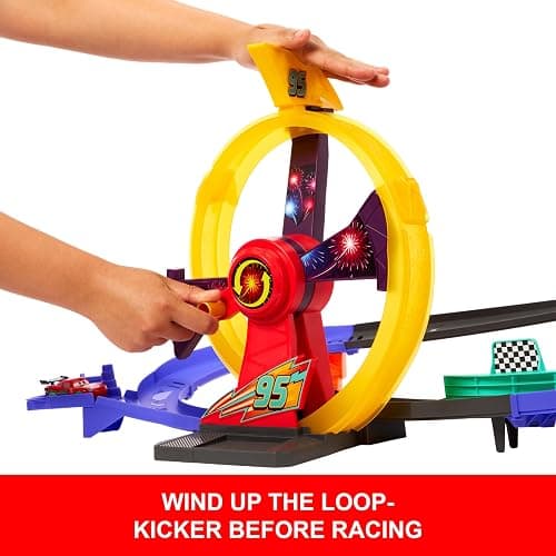 ​Mattel Disney and Pixar Cars Race to Celebrate Celebration Raceway | Toy Track Set with Light-Up Lightning McQueen, Loop & Wind-Up Kicker thumbnail 4