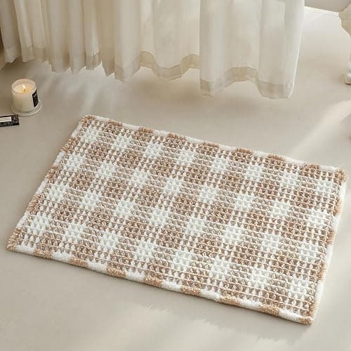 TYUU Waffle Bath Mat, Boho Bathroom Rugs Non Slip Washable Absorbent Checkered Bathroom Mat Quick Dry Farmhouse Bathroom Decor, 30"x20" Khaki and White - Image 1