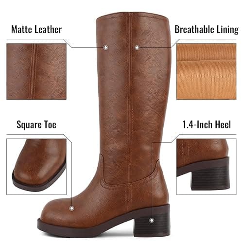 FancyQueen Knee High Boots for Women Banana Campus Square Toe Fall Boots | 1.5" Chunky Low Block Heel with Platform, Pull-On, Durable Leather, Knee-High – Comfort for Campus, Daily Outfits & Travel thumbnail 4