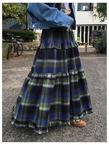 SOLY HUX Women's Plaid Maxi Skirt Elastic High Wasited Tiered Ruffle A Line Flowy Long Skirts thumbnail 3