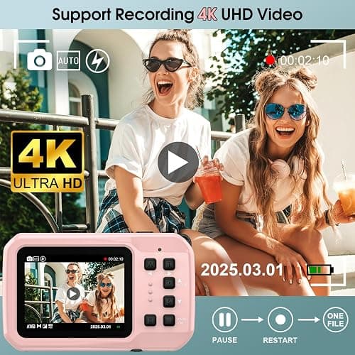 4K Underwater Camera, 64MP 16FT Waterproof Digital Camera with 16GB Card, Autofocus Floatable Waterproof Camera with IPS HD Screen, 16X Digital Zoom, Fill Light, for Surfing,Snorkeling,Swimming,Pink thumbnail 2
