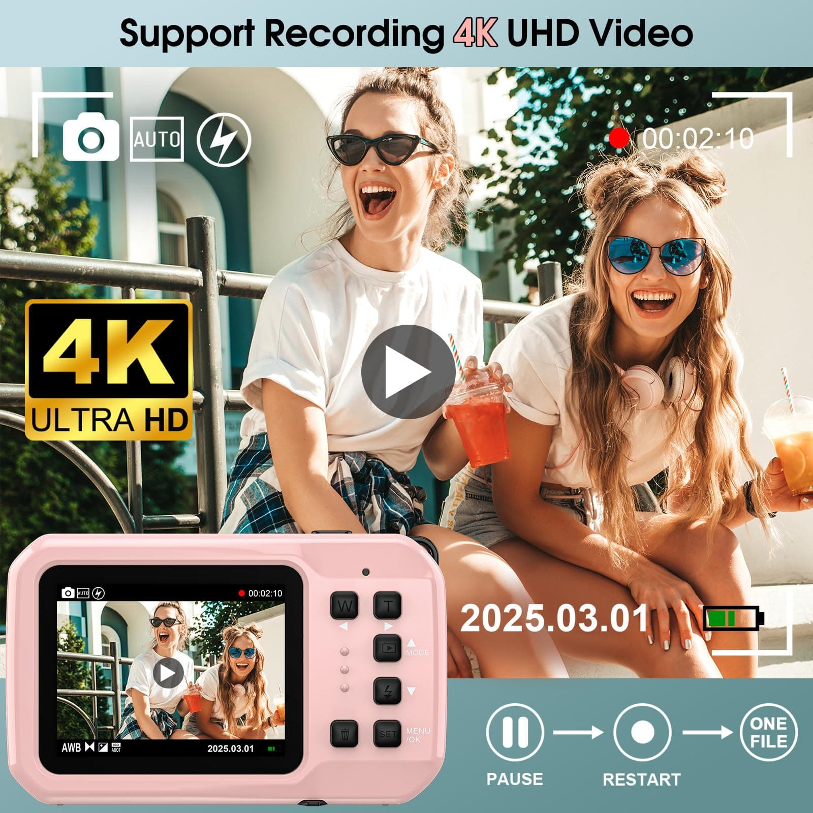 Cámara subacuática 4K, cámara digital impermeable de 64 MP, 16 pies con tarjeta de 32 GB, enfoque automático flotante cámara impermeable con visualización IPS HD, zoom digital 16X, luz de relleno thumbnail 2