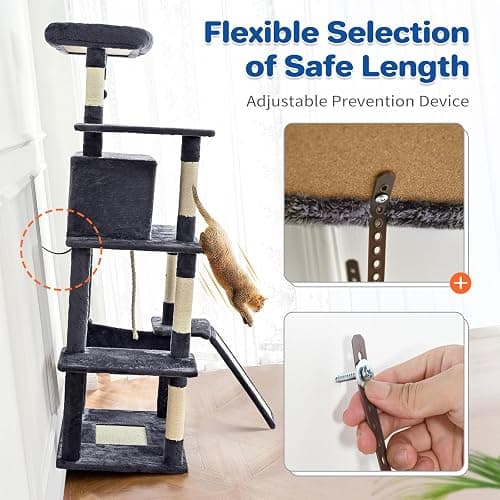 ABCPET Cat Tree Tower 63in Multi-Level Cat Tower for Indoor Cats with Sisal Scratching Posts, Condo, Hammock, Dangling Ball and Extended Platform for Cats to Play, Dark Grey thumbnail 8