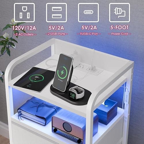 Fixwal Tall Dresser with 5 Drawers for Bedroom, 40 Inch LED Tall Nightstand with Charging Station, Night Stand White Dresser with PU Finish, Bedside Table for Dorm thumbnail 6