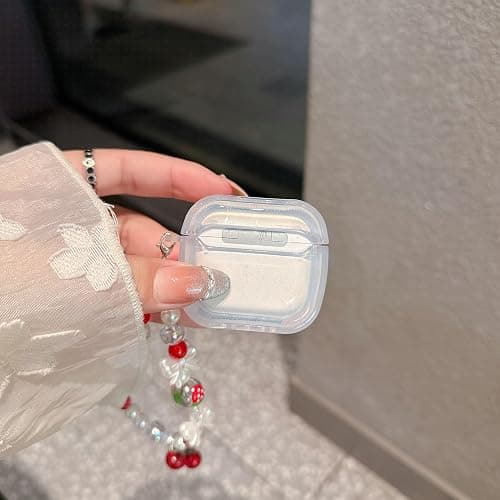 JANDM 3D Cherry Case with Keychain for AirPods 4, Clear Diamonds Aesthetic Shockproof Cover with Cute Pearl Strap for Women Girls Protective Cover thumbnail 8