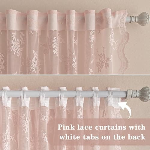 MEETSKY Pink Lace Curtains 63 Inch Length, Sheer Pink Curtain for Girls Room, Floral Vintage Light Filtering Short Curtains for Bedroom Princess Room, Lace Drapes 2 Panels, Each Panel 50W x 63L thumbnail 8