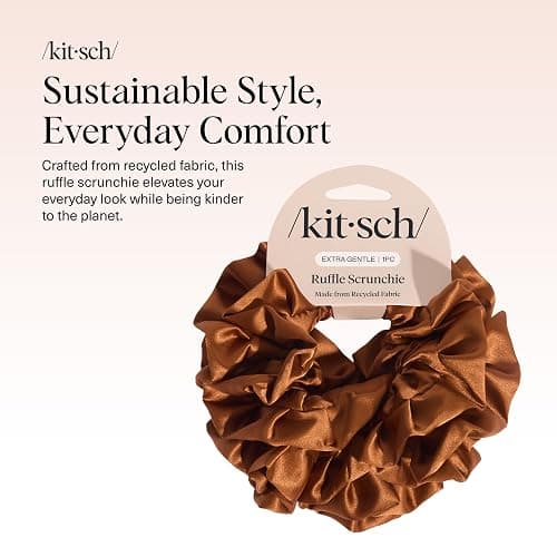 Kitsch Recycled Satin Ruffle Scrunchie – Gentle Hair Scrunchie for Women, Eco-Friendly Hair Tie No Damage, Stylish Ponytail Holder | Ideal Gifts for Women - Camel thumbnail 2