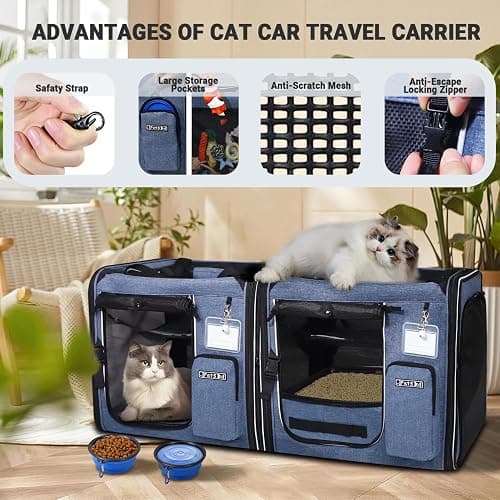 Petskd 2 in 1 Double Cat Car Travel Carrier with Litter Box, 38"x17"x18" Portable Dual Extra Large Cat Carrier for Multiple Cats with Zipper Locks for Moving Across The Country thumbnail 6