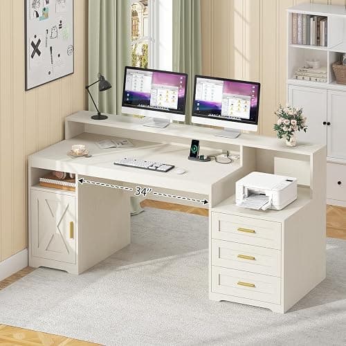 TVU 65" White Computer Desk with Drawers and Printer Stand for Home Office | Office Desk with Power Outlets and Storage Cabinet, Study Writing Desks with Long Monitor Stand thumbnail 8