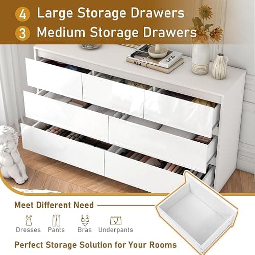 White Malm Dresser for Bedroom, 55 Inch Long Dresser High Gloss Dresser with 7 Drawers, Modern Large Wood Chest of Drawer Handle Free, Dresser for Kids Bedroom, Living Room, Entryway, Hallway, White - White thumbnail 4